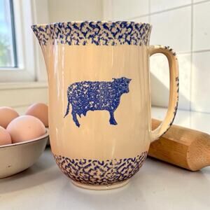 Vintage Tienshan Sponge by Henshaw Cow Pitcher | Blue Spongeware Farmhouse Jug